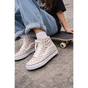 Vans Sk8-Hi High Top Sneakers 8.5 Taupe Checkerboard Lace-Up Y2K Skater Grunge